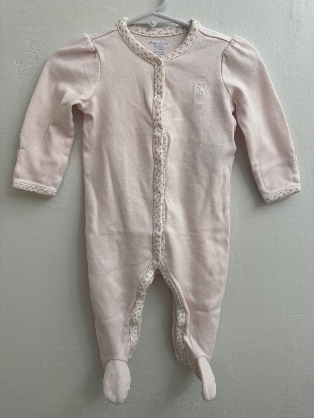 Ralph Lauren Pale Pink Floral-Trim Footed One-Piece